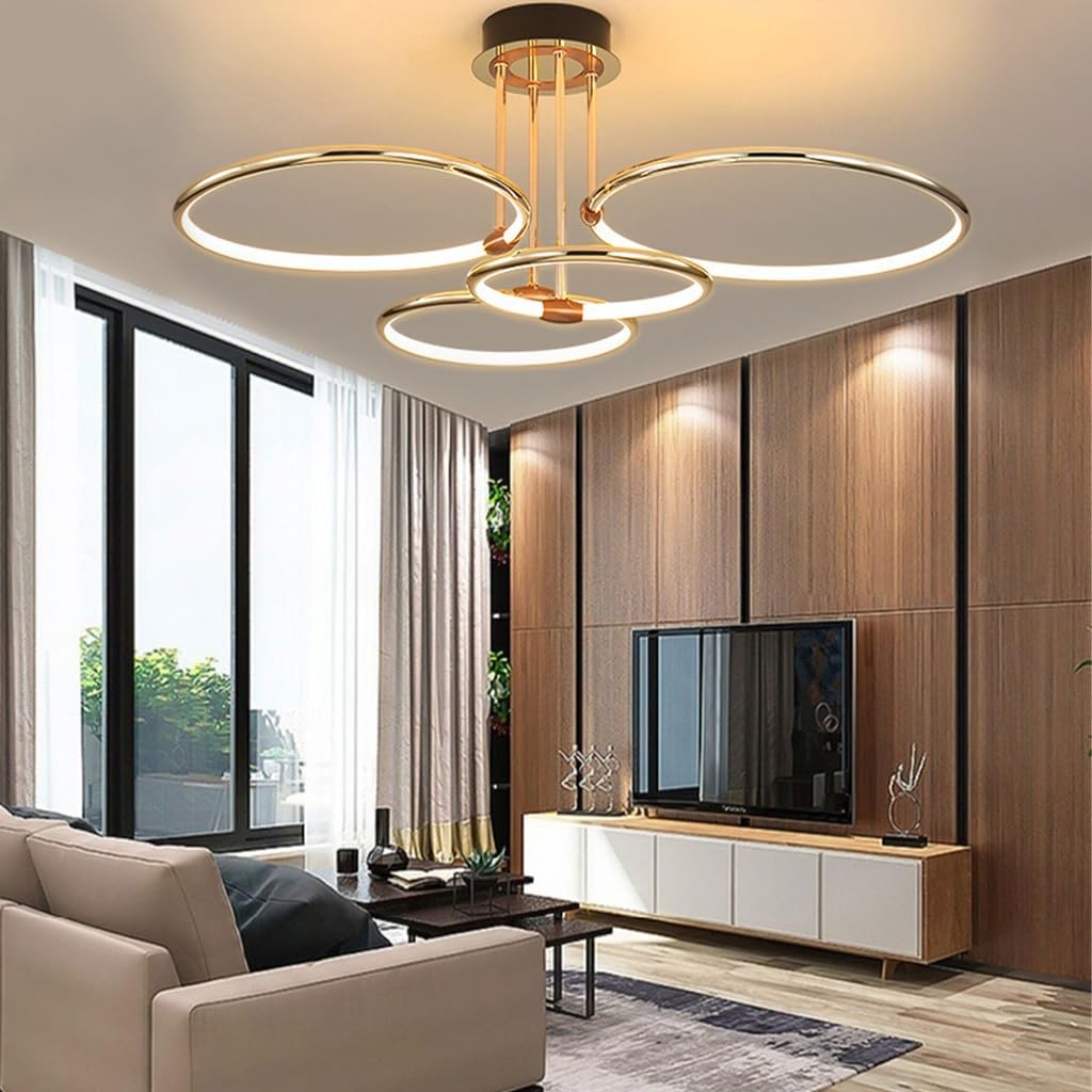 KXEcoLife Dimmable Modern LED Chandelier Pendant Light with Remote Control Adjustable Color/Brightness 3000-6500K 4-Ring Hanging Lamp for Dining Room Bedroom Living
