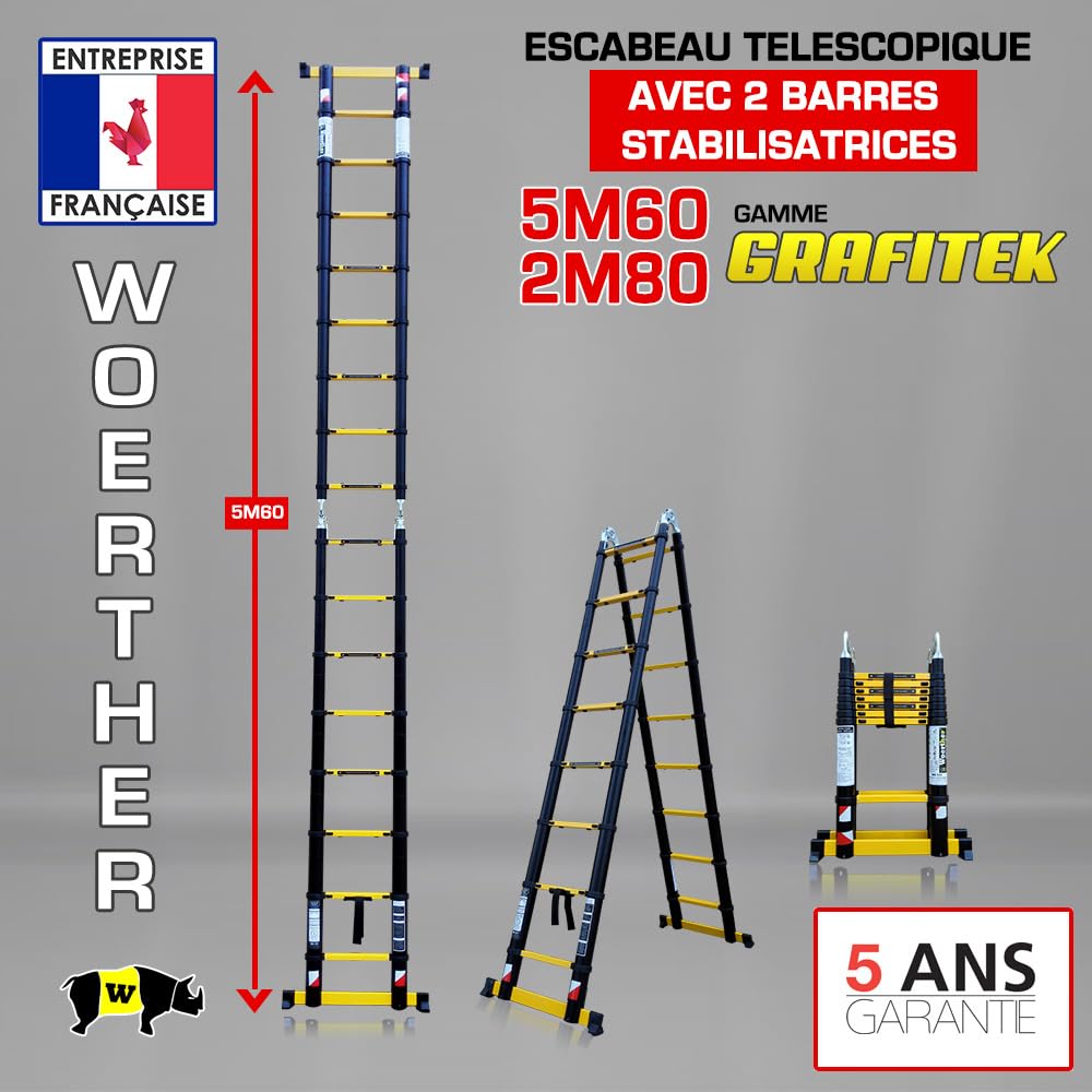 Échelle-escabeau Télescopique Woerther® – Double Fonction - Aluminium 7175T6 & Graphite - Norme EN131-6 – Ultra Stable, Légère et Compacte – Système Anti-Pincement Push & Go – Garantie 5 Ans