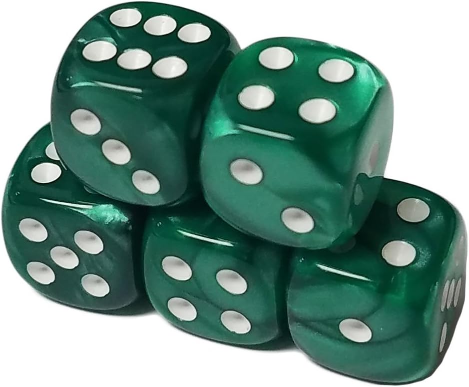 Set of 5 Deluxe Marbleized Green Standard Dice 12mm White Spots in Snow Organza Bag