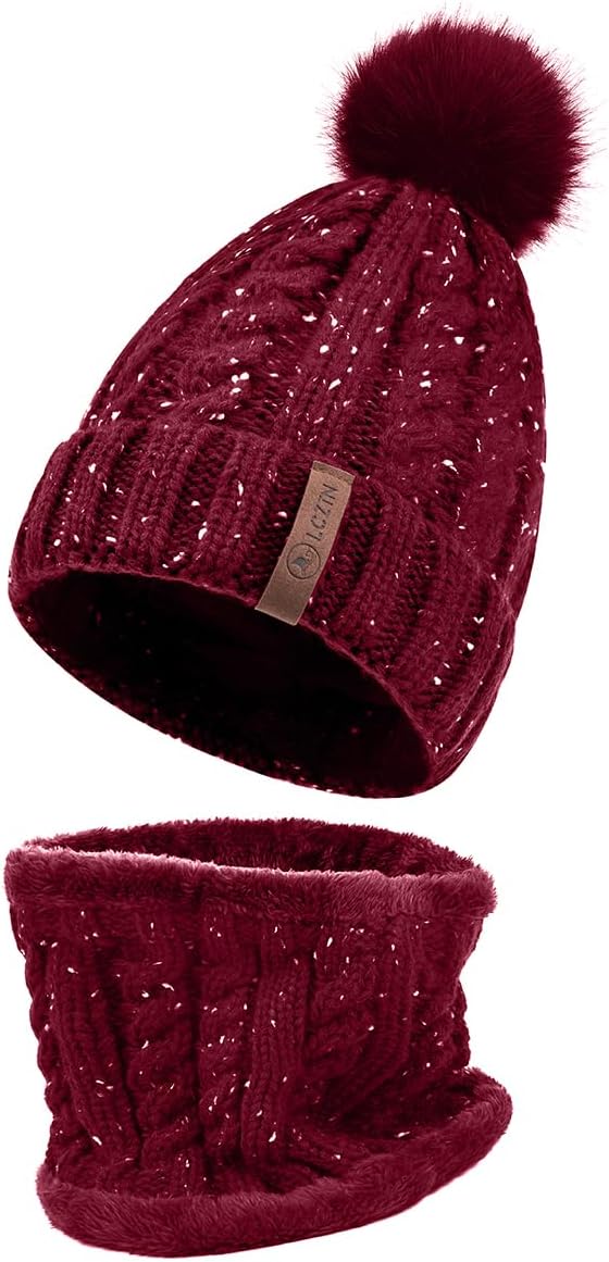 Womens Pom Beanie Hat Scarf Set Girls Cute Winter Ski Hat Slouchy Knit Skull Cap with Fleece Lined