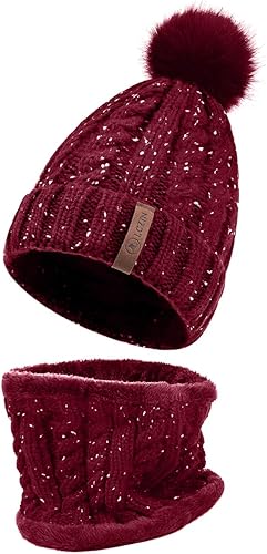 LCZTN - Gorro de lana con pompón para mujer conjunto de gorro y bufanda para niñas bonito gorro de invierno para esquí, de punto holgado con forro
