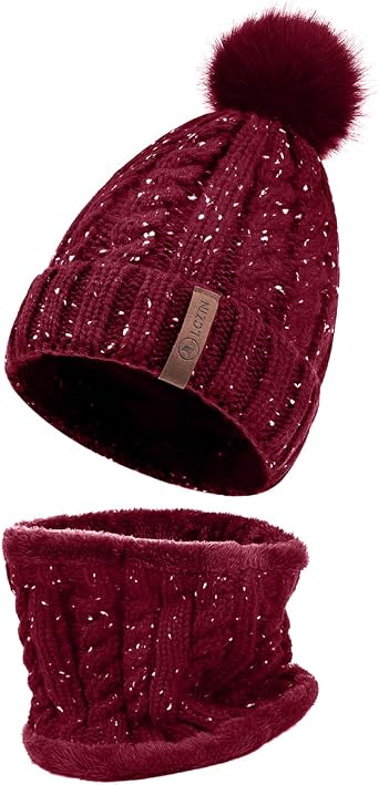 LCZTN Womens Pom Beanie Hat Scarf Set Girls Cute Winter Ski Hat Slouchy Knit Skull Cap with Fleece Lined
