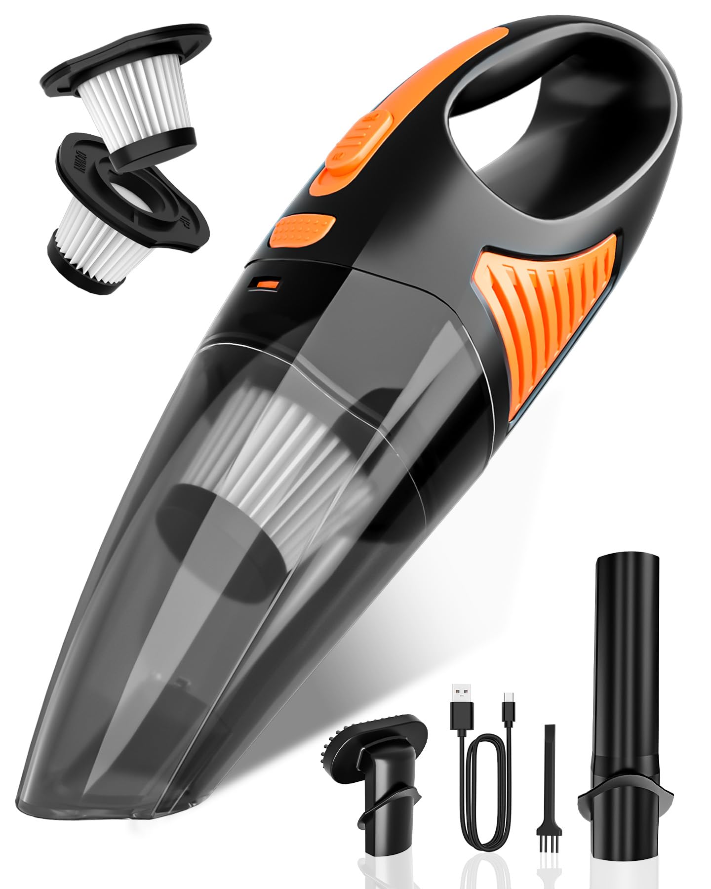 Handheld Vacuum Cordless, Rechargeable Car Vacuum Cleaner with Multiple Attachments, Portable Hand Held Vacuum Suction Power, Mini Vacuum for Car, Home, Pet Hair, Office, Desk, Keyboards Black Orange