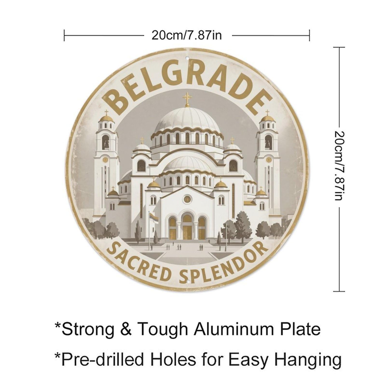 Vintage Travel Temple Belgrade Serbia Metal Tin Sign Plaque Wall Decor for Cafe, Club Bar, Office, Home Garden Round Metal Poster 8x8Inch