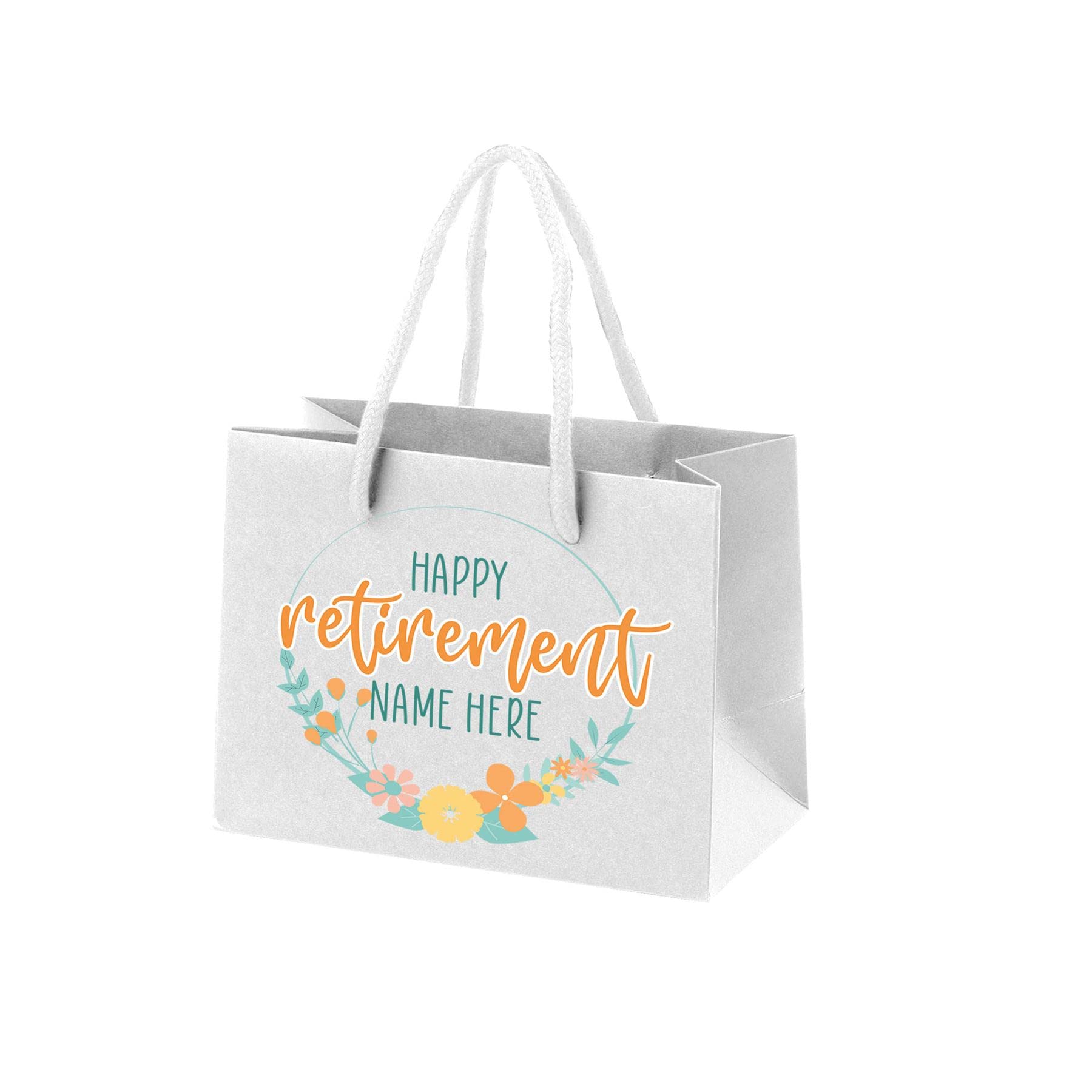 Personalised Retirement Gift Bags for Women - Gift Bag for Retirement Presents, Retiring Leaving Gifts, Funny Designs - Rope Handles - White Bags with Rope Handles - Happy - S