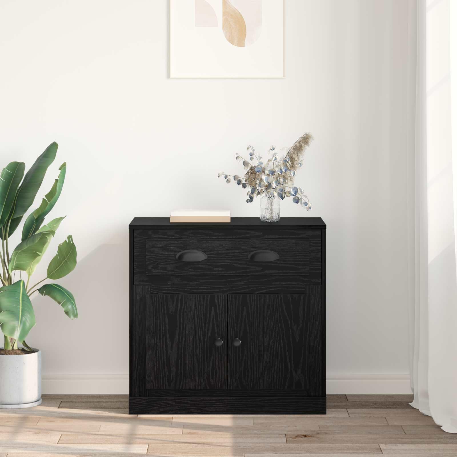 Meuble haut noir aspect chêne en bois 70 x 35,5 x 67,5 cm avec tiroir et portes, buffet moderne pour salon, salle à manger et couloir, rangement polyvalent avec étagère et étagère