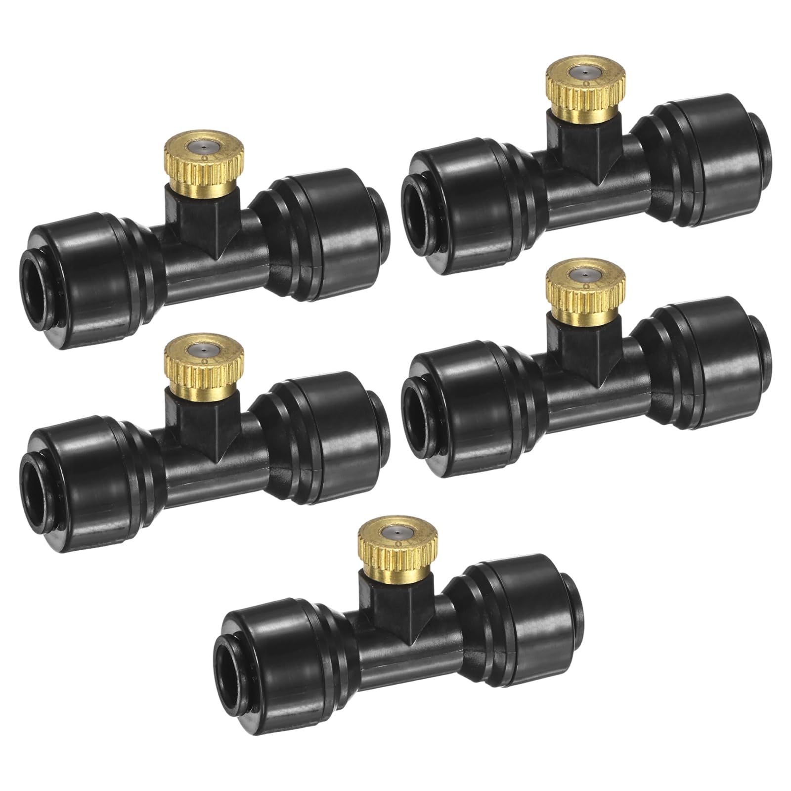 M METERXITY 5-Set Brass Misting Nozzles Tees, 0.016inch/0.4mm Orifice Heavy Duty 10/24 UNC Screw Thread Misting Nozzle Plug for 1/4 Inch Tubing Outdoor Spray Cooling System/Dust Control