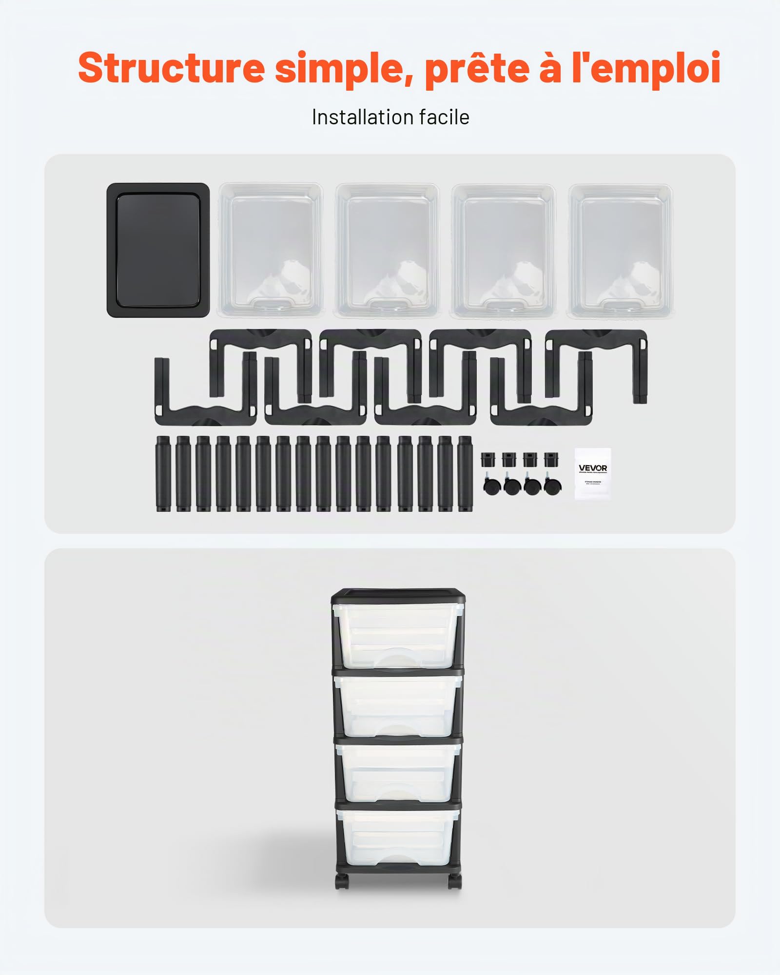 VEVOR Chariot de rangement à 4 tiroirs en plastique, tour de rangement à roulettes, organiseur mobile à 4 niveaux, bac transparent pour fournitures de bureau, salles de bricolage et salles de classe