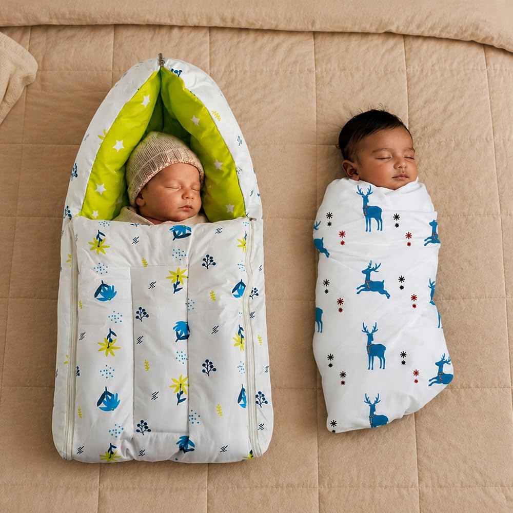 Kridlo 3-in-1 Baby Sleeping Bag & Carry Nest Combo - Blue Daisy, Unisex + 100% Cotton Swaddle Wrap, Teal Dancing Deer 0-3 Months - Breathable & Skin-Friendly Newborn Bedding Set