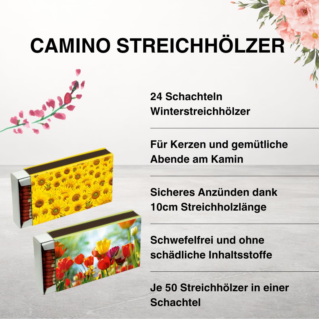 Camino 24 boîtes d'allumettes XXL 10 cm Motifs Fleurs, boîte d'allumettes pour Barbecue, cheminée, poêle, Bougies, allumettes de sécurité Motifs Fleurs Allumettes de Lance