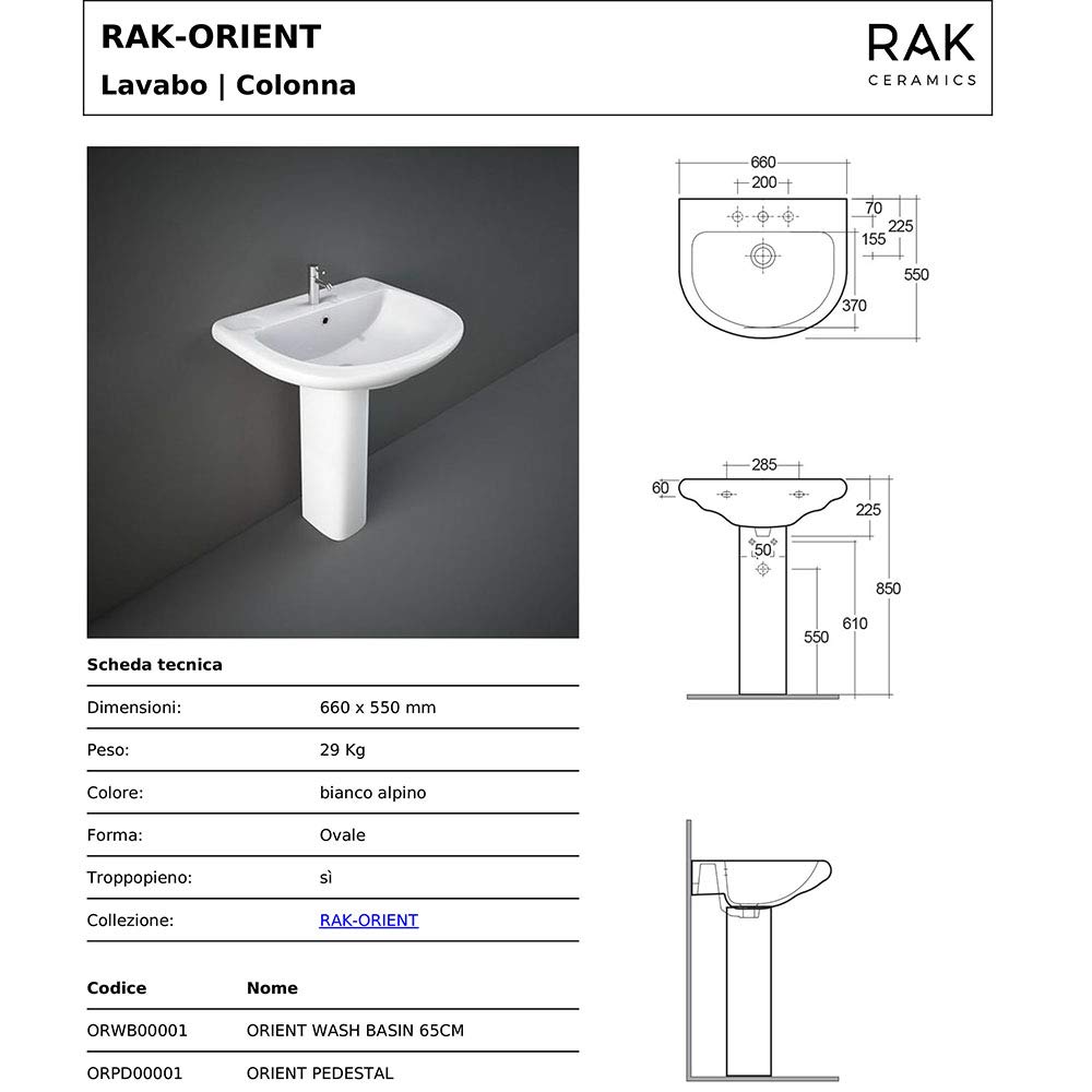 Inbagno Lavabo con Colonna Ceramica RAK Ceramiche Serie Orient Completa di Colonna