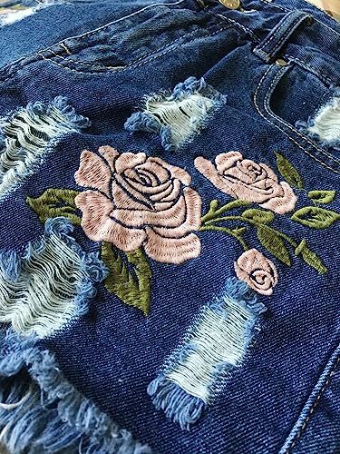 Women's High Rise Jean Short Ripped Plus Size Elastic Summer Embroidered Floral Denim Shorts #TOP5