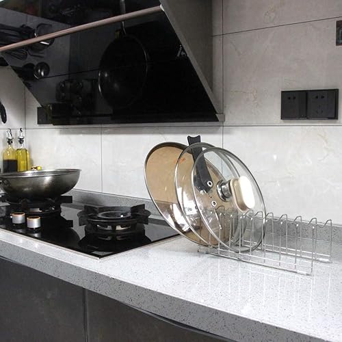 Vista 8 de FLSEPAMB Pot Lid Organizer Pan Lid Organizer Kitchen Pot Lid Rack Suitable for Bakeware Dish Plate, Cutting Boards, Pots & Pans, Serving Trays, Fijo