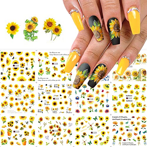 Sunflowers Nail Art Stickers, Holographic Flowers Nail Water Transfer Decals Design, Yellow Blossom Butterfly Bee Nail Sticker Acrylic Supplies For Women Manicure Bloom Decorations, Resin Nail Decal #TOP11