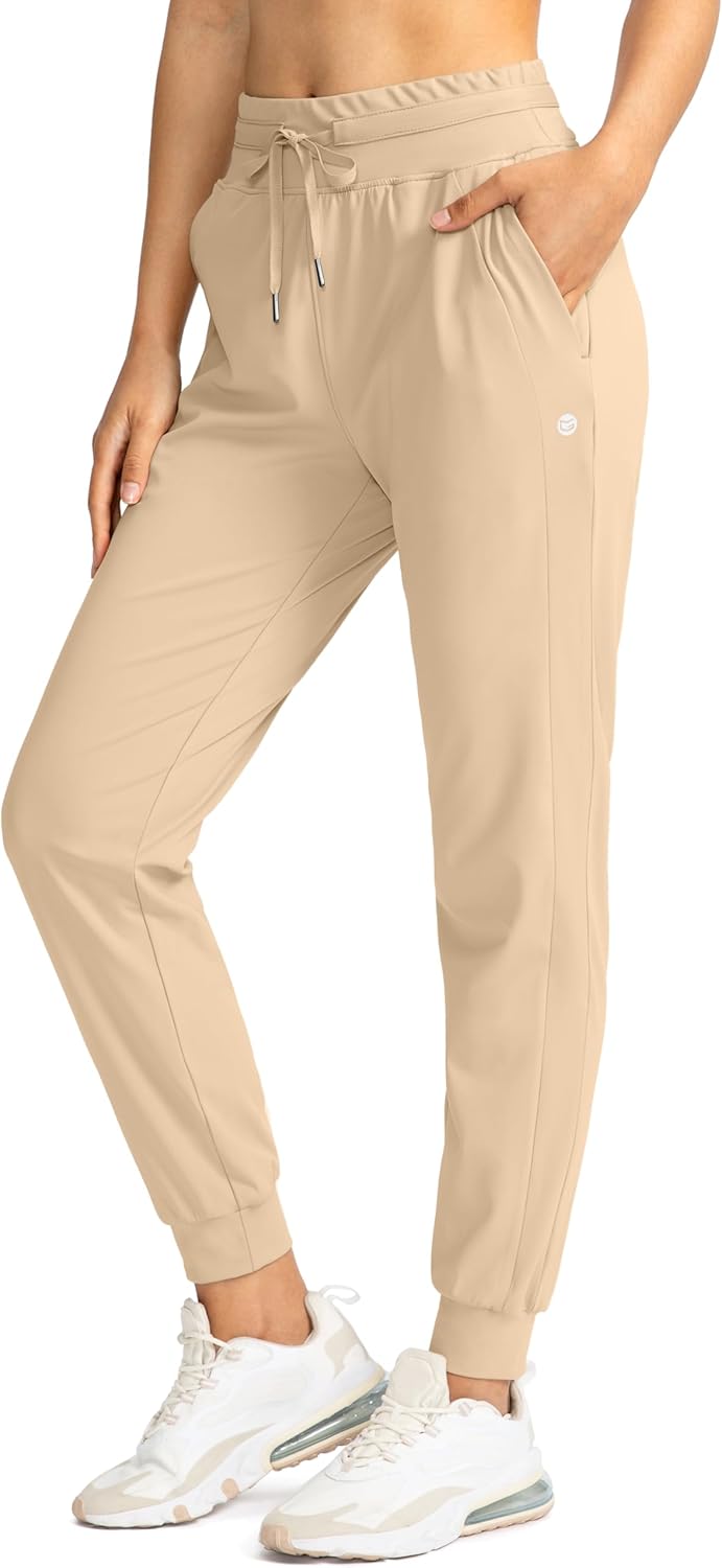 Women's Joggers Pants with Zipper Pockets High Waisted Athletic Tapered Sweatpants for Women Workout Lounge (Khaki, Medium)