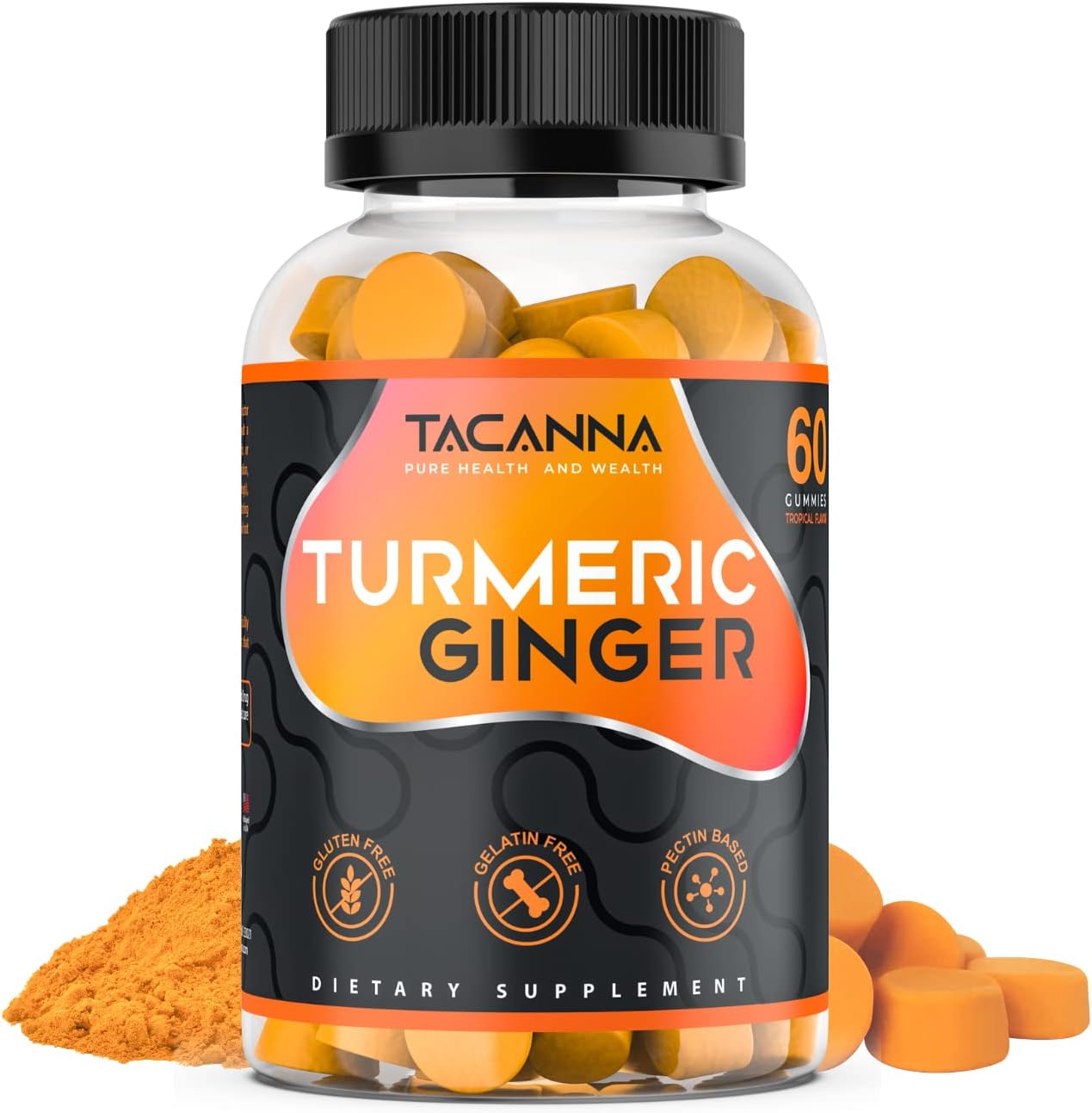 TACANNA Turmeric Ginger Gummies - 60 Count for Adults and Kids Mango Peach Flavor