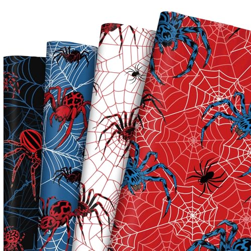 Pineraap 12 Sheets Spider Wrapping Paper, Spider Web Gift Wrap Blue Red Folded Flat Art Paper for Halloween Party Birthday Gift Packing DIY Crafts, 19.7 x 27.6 Inch