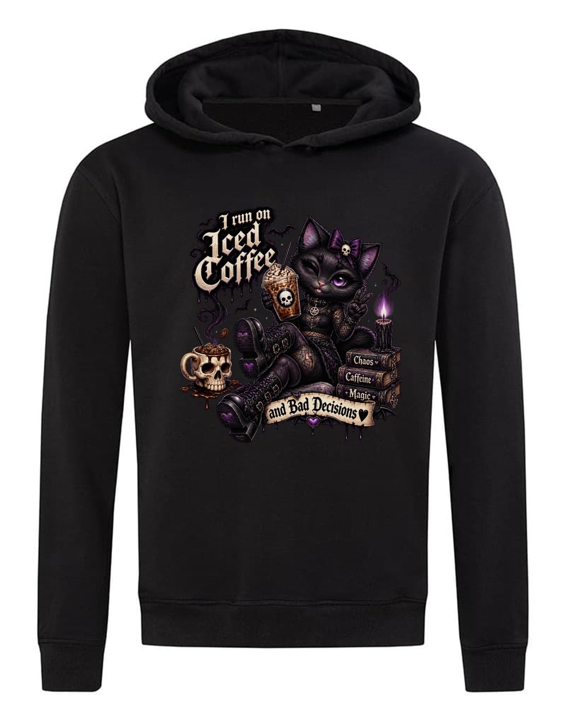 Felpa con cappuccio in misto cotone nero con gatto gotico che gode di un caffè ghiacciato