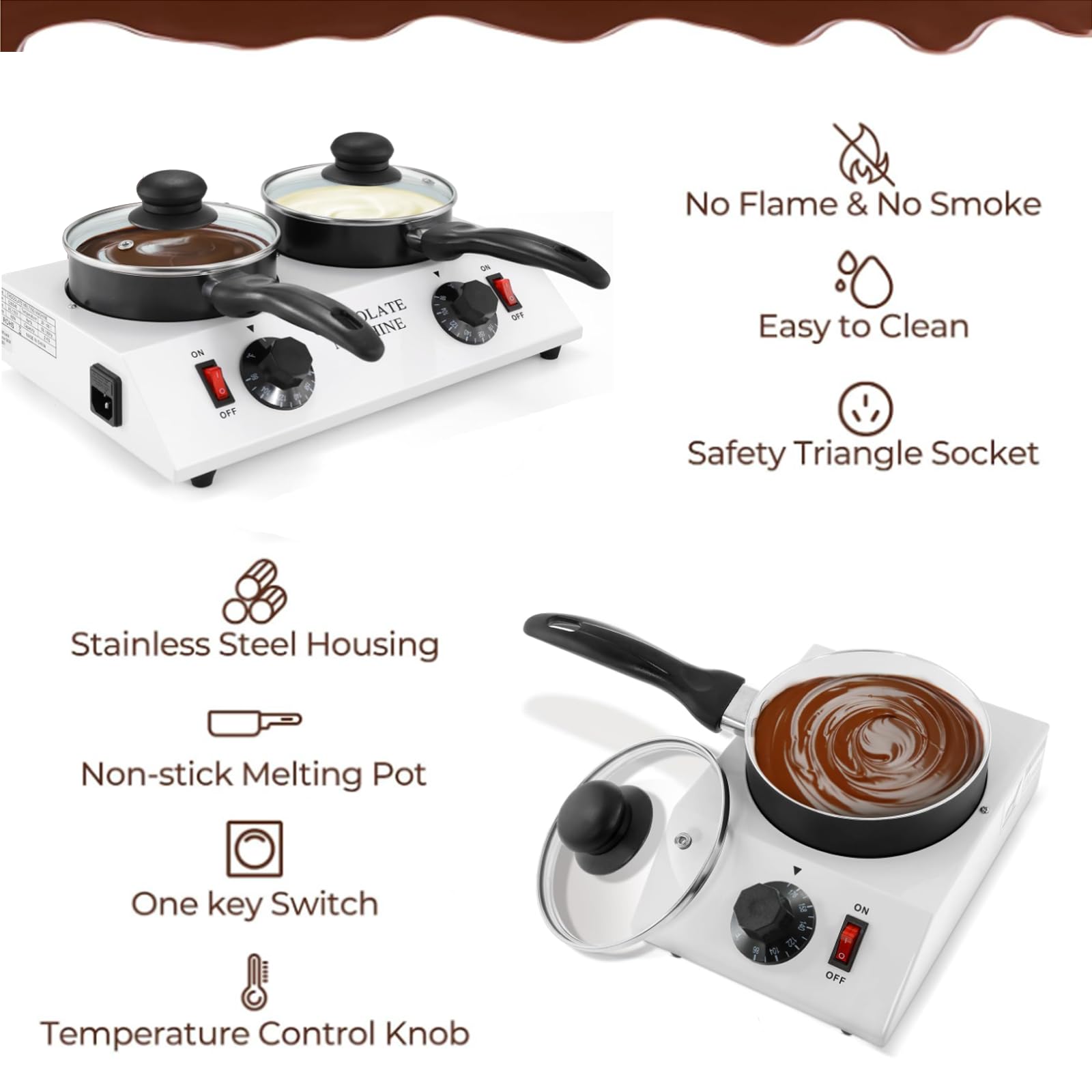 Máquina para derretir chocolate para el hogar, cuerpo de olla extraíble + 30~80 ℃ ajustable + interruptor independiente, derrite 500-1400 ml a la vez,1000ML