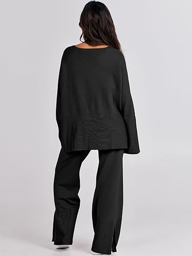 Miniatura 5 de ANRABESS Conjunto de 2 piezas de suéter de punto de gran tamaño para mujer, pantalón de pierna ancha, conjunto de pijama a juego para descansar,