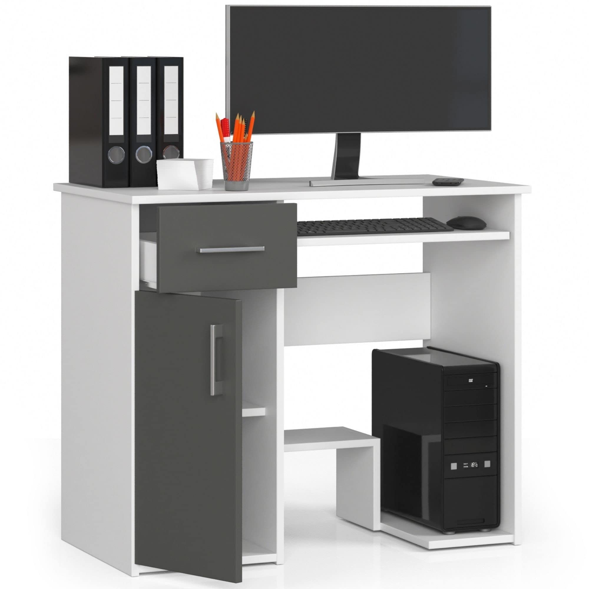 AKORD | Escritorio Jay para PC con Estante para Teclado | Mesa de Oficina y Ordenador | L90 x H74 x P50 cm 29 kg | Blanco y Gris Grafito