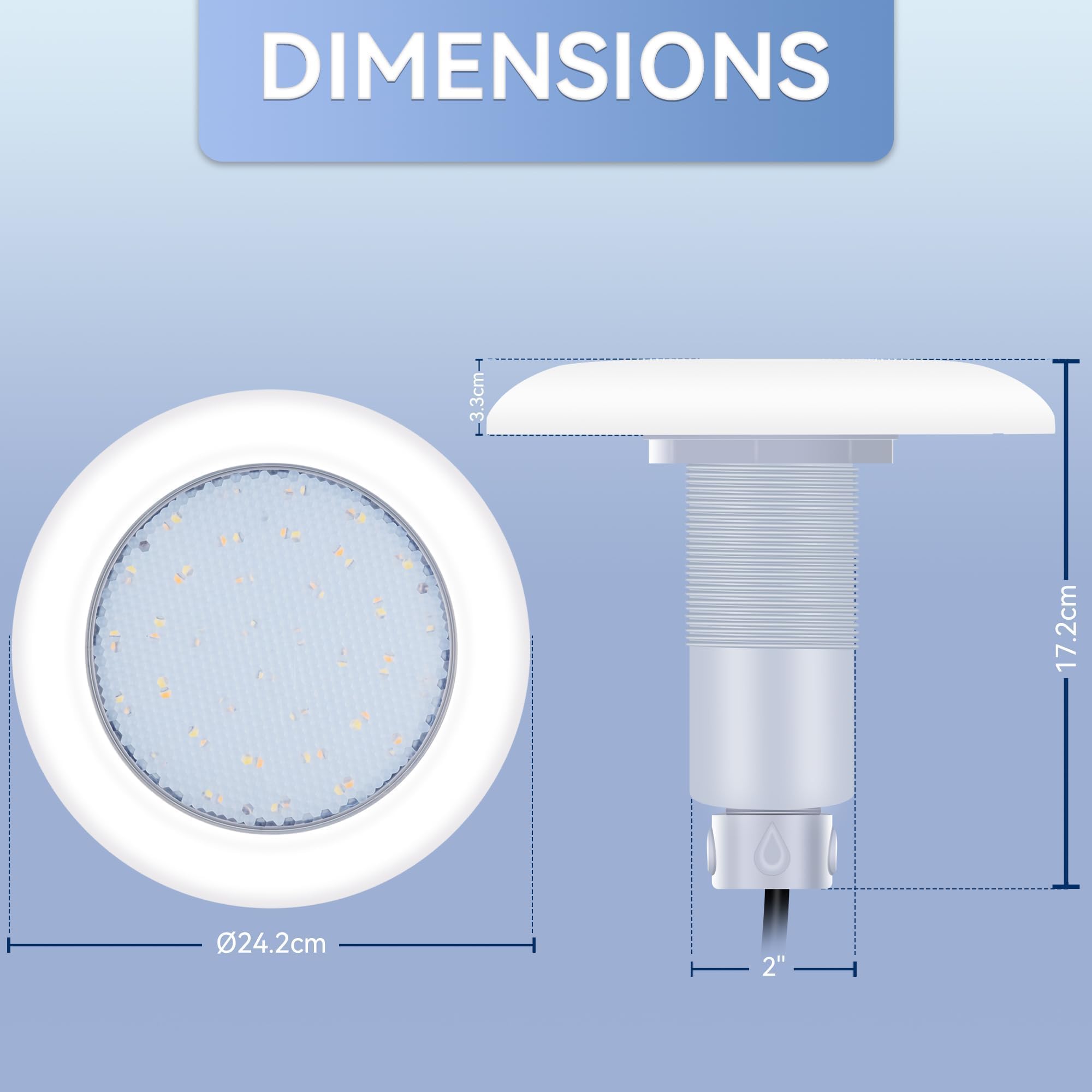 LyLmLe LED Poolscheinwerfer mit Außengewinde 2", 18W Poolbeleuchtung 2 Farben Schaltbar Weiß 3000K & 6000K, Ø242mm, 12V AC LED Poolstrahler Unterwasser für GFK Fertigbecken Aufstellbecken Holzpool