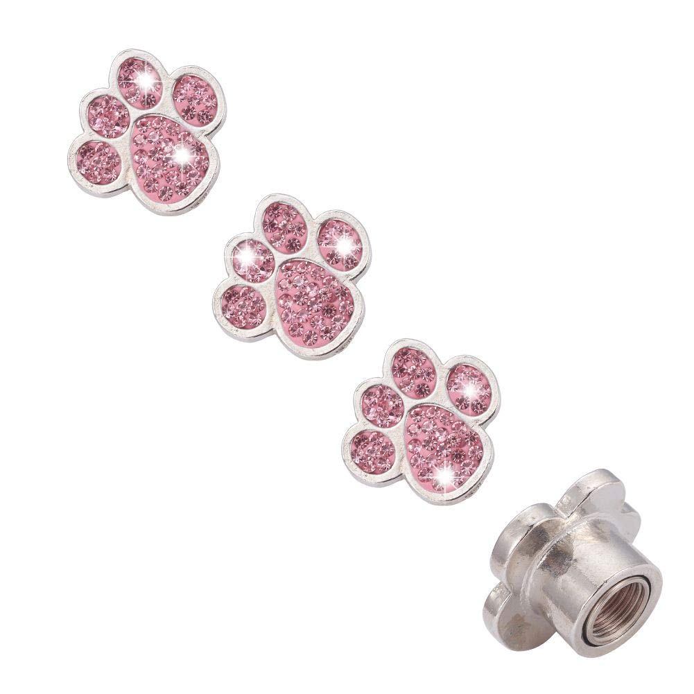 AuMoHall 4 Pack Crystal Paw Tire Valve Caps Bling Handmade Rhinestone Tire Valve Dust Caps Tire Rim Valve Stem Caps, Pink
