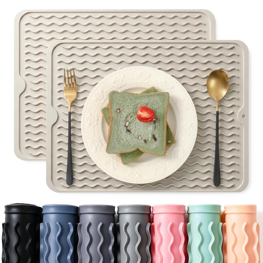 2 Pack Caketime Silicone Dish Drying Mat for Kitchen Counter Dining Placemats Shower Caddy Refrigerator Liners Essentials Heat Resistant Waterproof Trivets Pad Coffee Bar Items 15"x11.5" Milk