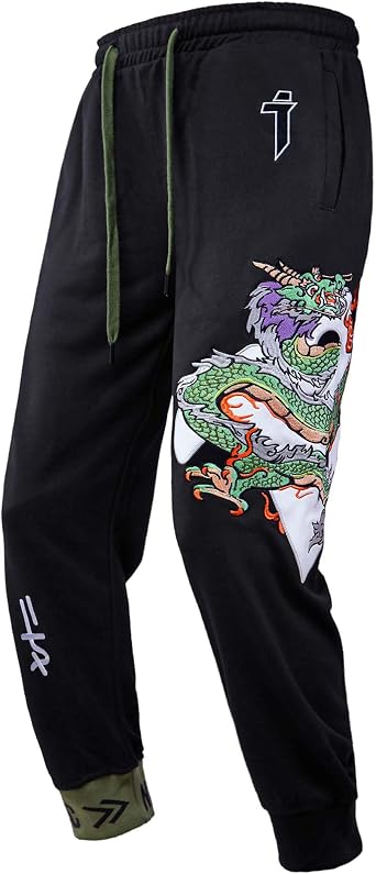 Niepce Inc Streetwear Dragon Embroidered Graphic Jogger Sweatpants for Men