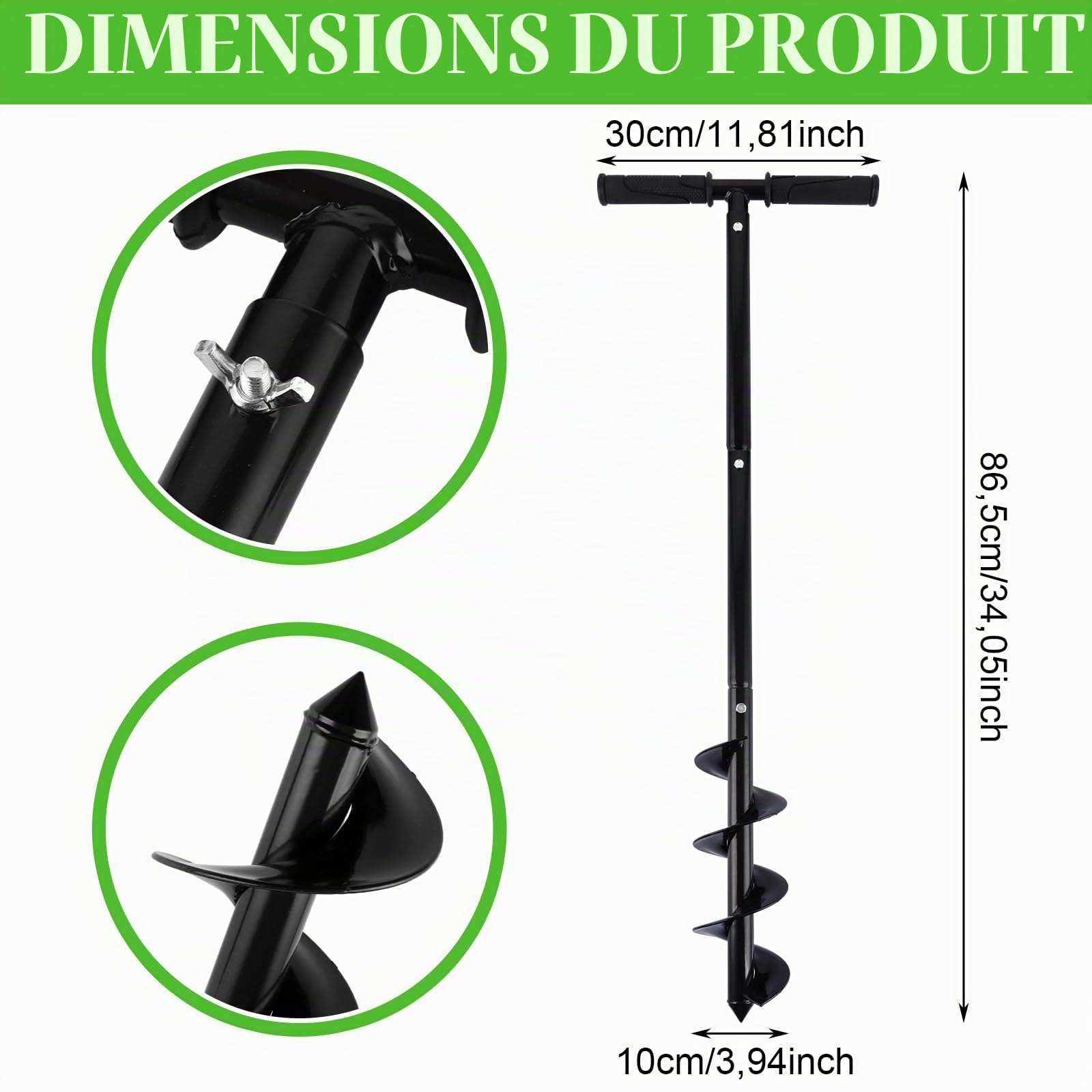 APACALI 1 tarière manuelle de 60 à 85 cm, réglable, avec poignée antidérapante amovible, tarière pour visseuse sans fil, tarière de jardin pour pose de poteaux de clôture, plantation