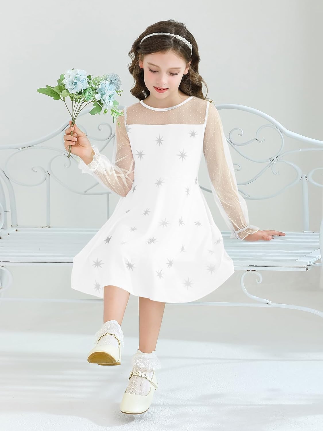 Haloumoning Girls Contrast Mesh Long Sleeve High Waist A Line Short Dress with Pockets 4-14 Years - Image 3