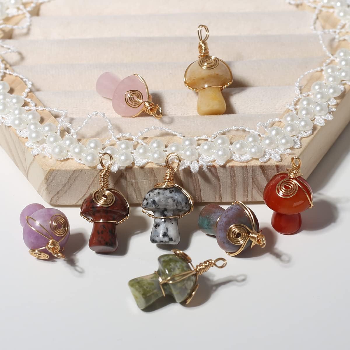 LHJ 10 Pcs Natural Stone Pendants Mushroom Shape Chakra Crystal Agate Stone Copper Wire Knitting Charms for Jewelry Making Necklace - Image 3