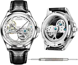 OLEVS Relógios automáticos de couro para homens jovens, relógios de corda automática, para homens