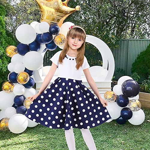 50S Girls Vintage Dresses White Navy Kids Polka Dot Dress With Necklace Size 12 For Christmas Tea Party Holiday #TOP4
