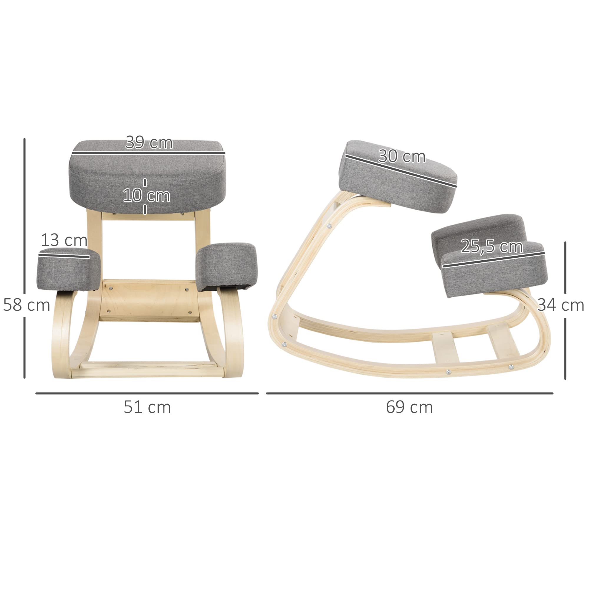 Vinsetto Siège Assis-Genoux Ergonomique Chaise à Genoux Coussin Confortable à Bascule en Tissu et Bois Gris