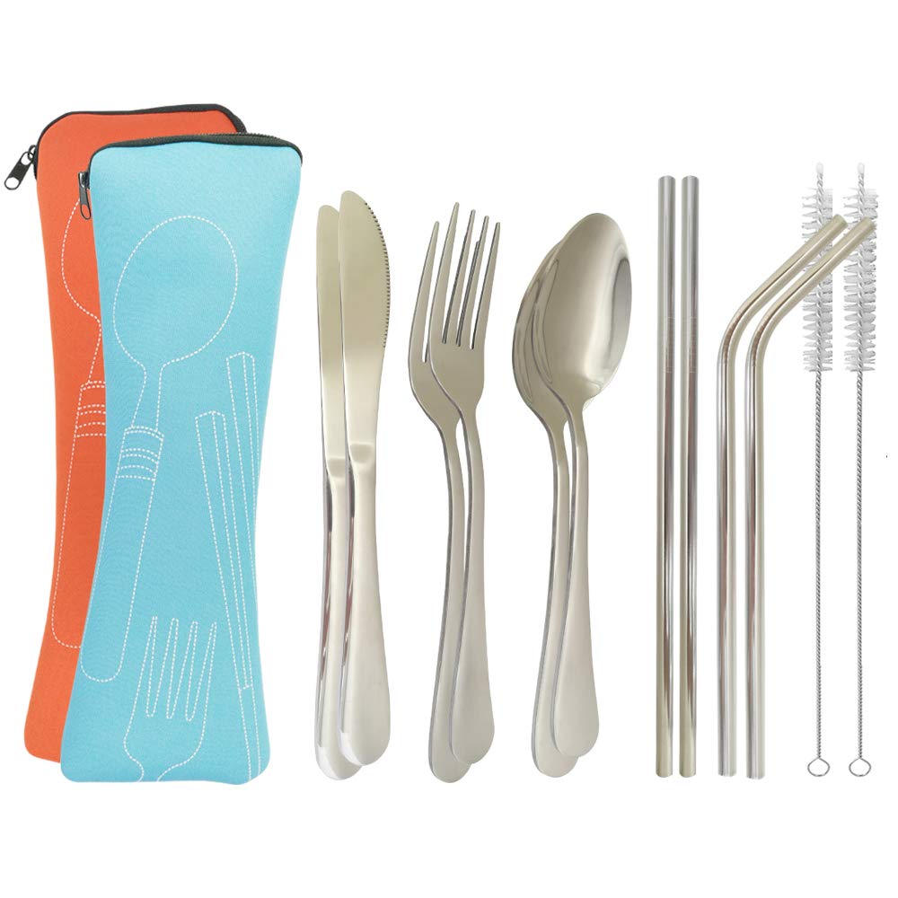 UPTRUST 2 Set Reusable Travel Utensils Portable Stainless Steel Flatware Set 6-piece Reusable Cutlery Set Knife Fork Spoon Metal Straw Cleaning Brush Portable Case, Camping Cutlery Set(Silver）
