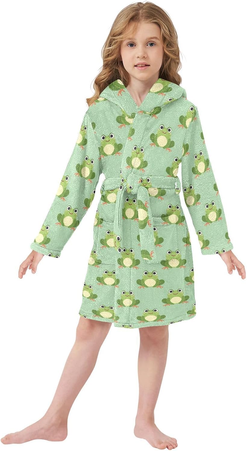 senya Small Frog Toddler Hooded Bathrobe Kids Soft Plush Bath Towel Robes for Boys Girls 2-12 Years