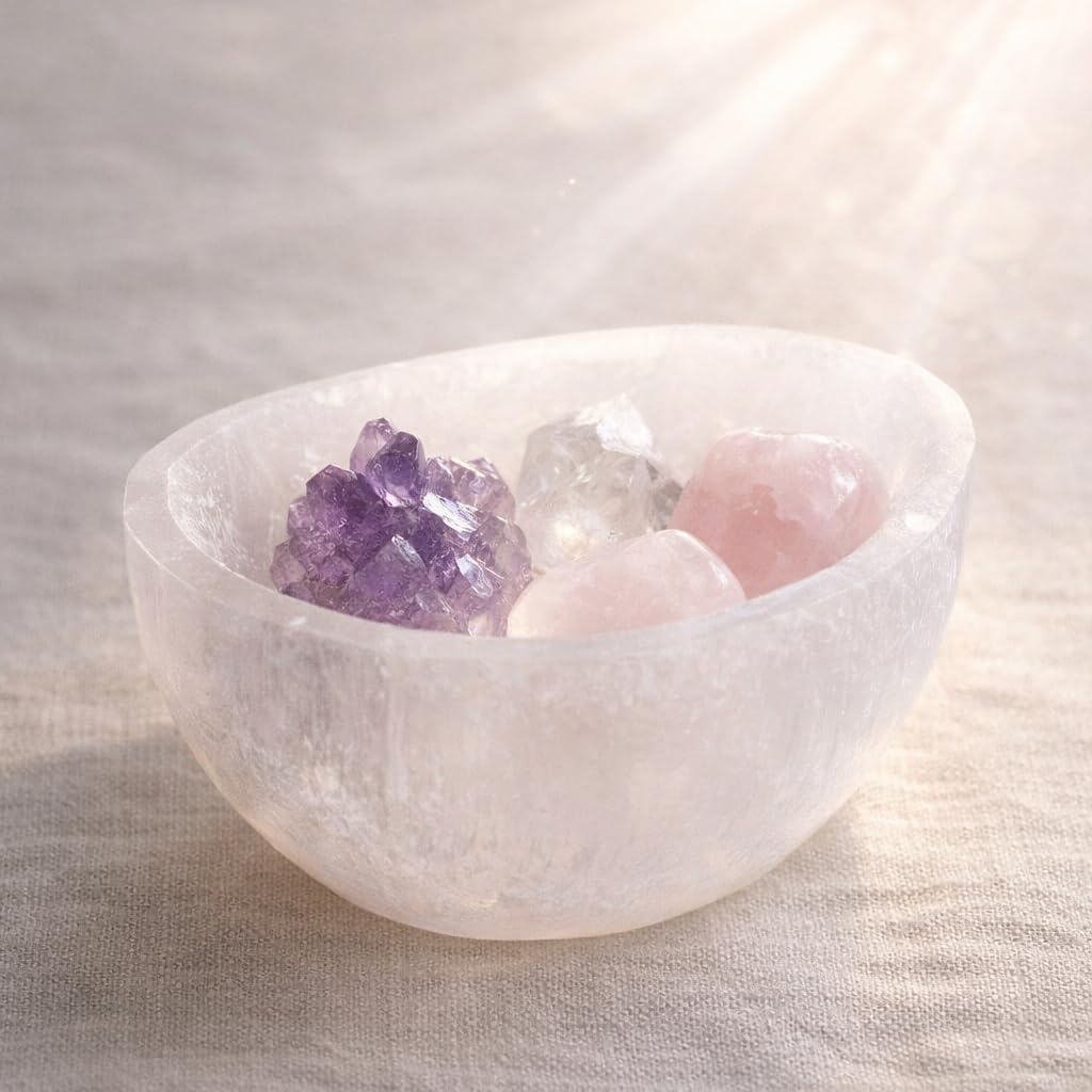 Bol en sélénite demi-sphère 6,5 x 3,5 cm – Bol énergétique pour pierres précieuses, Reiki, méditation
