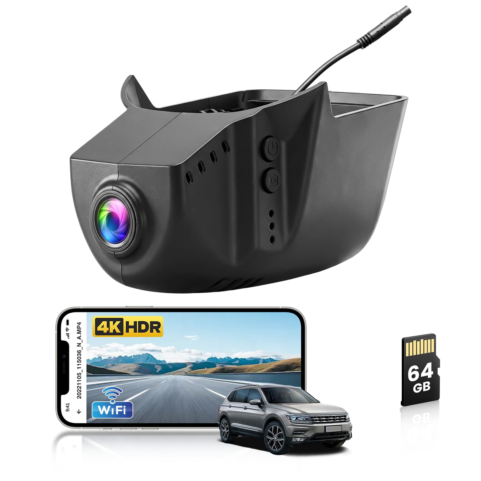 Dashcam 4K Delantera, Aspecto OEM Dash CAM Coche, para VW Tiguan 2018 2019 2020 2021 2022 2023 2024, Tarjeta de 64 GB,GPS/G-Sensor/Grabación en Bucle, Control por App