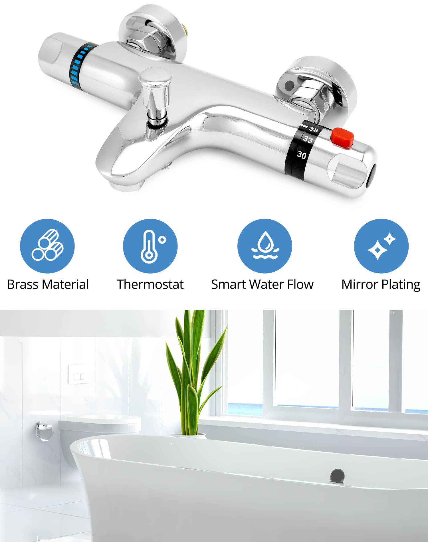 QWORK grifo ducha termostatico, salida de válvula G1/2 ", izquierda caliente derecha fría, mezclador de ducha de latón, control de temperatura constante para baño