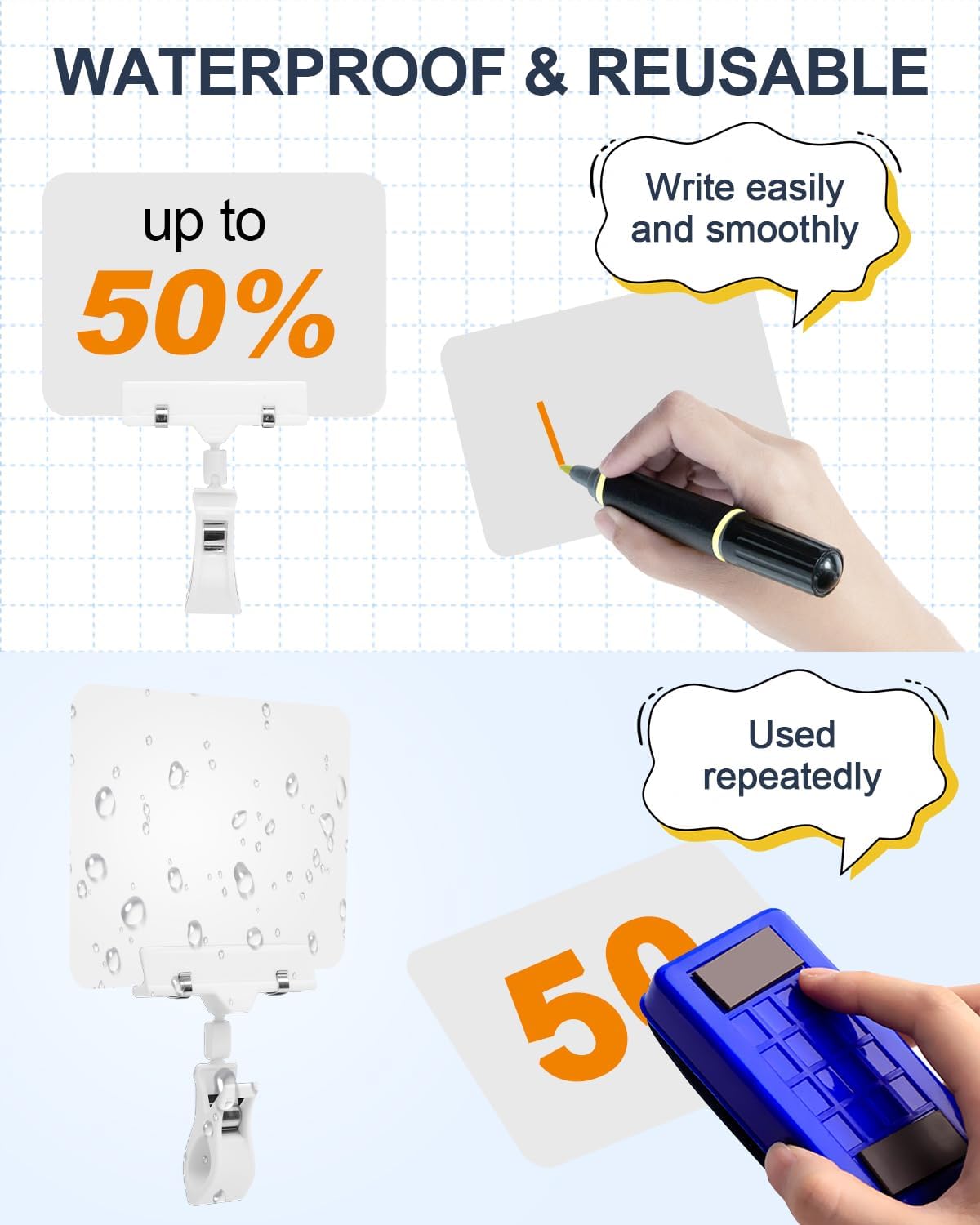 eZAKKA Double Sided Clips with Chalkboard, Rotating Sign Holder Price Tag Merchandise Sign Display Clip Holder for Store, Business, Party, Office, Exhibition, White, 10 Pack - Image 4