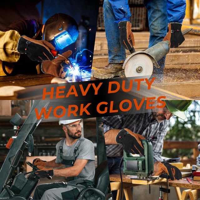 Leather Work Gloves for Men and Women, Utility Tough Cowhide Glove for Gardening