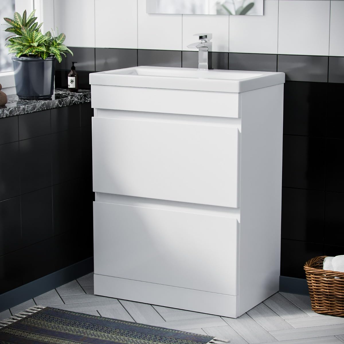 Nes Home White 600mm PVC 2 Drawer Floor Standing Vanity Cabinet & Basin Sink
