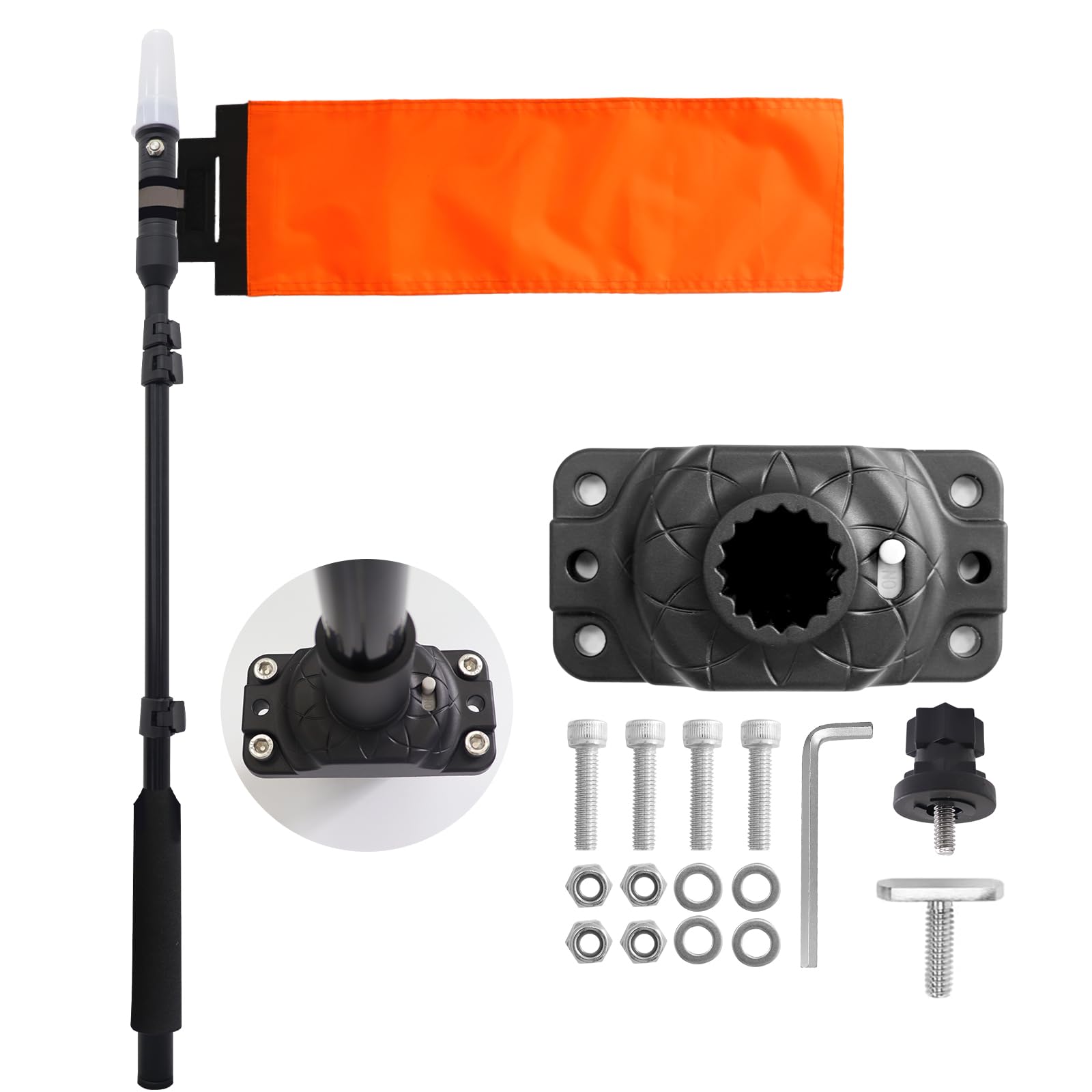 Xprite Kayak Safety Flag with 360° LED Light, Telescoping Orange Flag Pole, Battery Powered Navigation Lights for Night Kayaking, Fishing, Canoeing, Boating & Paddling