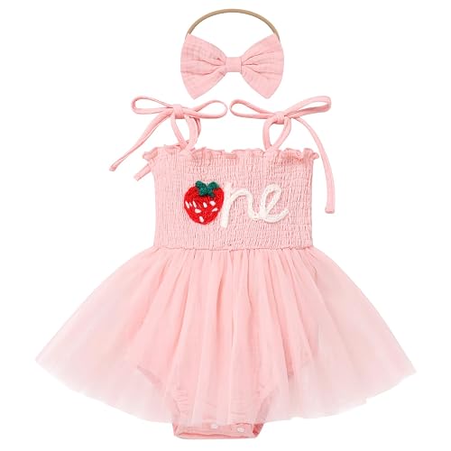 IBTOM CASTLE Baby Girl 1st Birthday Outfit Floral Strawberry Smocked Tutu Dress One Year Old Birthday Cake Smash Photoshoot