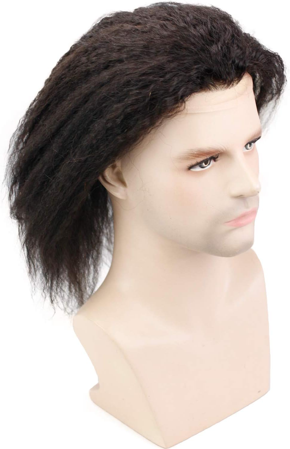 12" Long Kinky Straight Human Hair Replacement for Men Stock Toupee Mono Lace and PU Around with Swiss Lace Front 10"x8" Base Size Natural Black Bolor