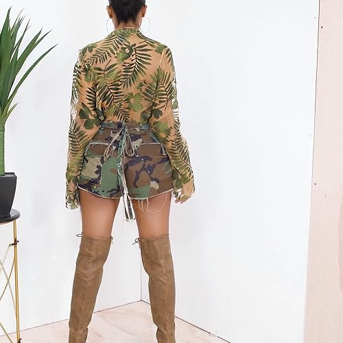 Miniatura 3 de Pantalones cortos de camuflaje para mujer, cintura elástica, cintura alta, múltiples bolsillos, cómodos, de algodón, casuales, de camuflaje