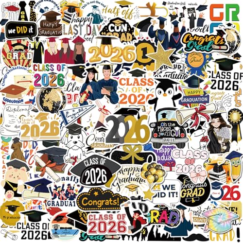 100 Pcs Graduation Stickers 2026 College Stickers Class of 2026 Stickers for Graduation Decorations Graduation Party Decorations 2026 Waterproof Vinyl Stickers for Water Bottle Laptop Skateboard