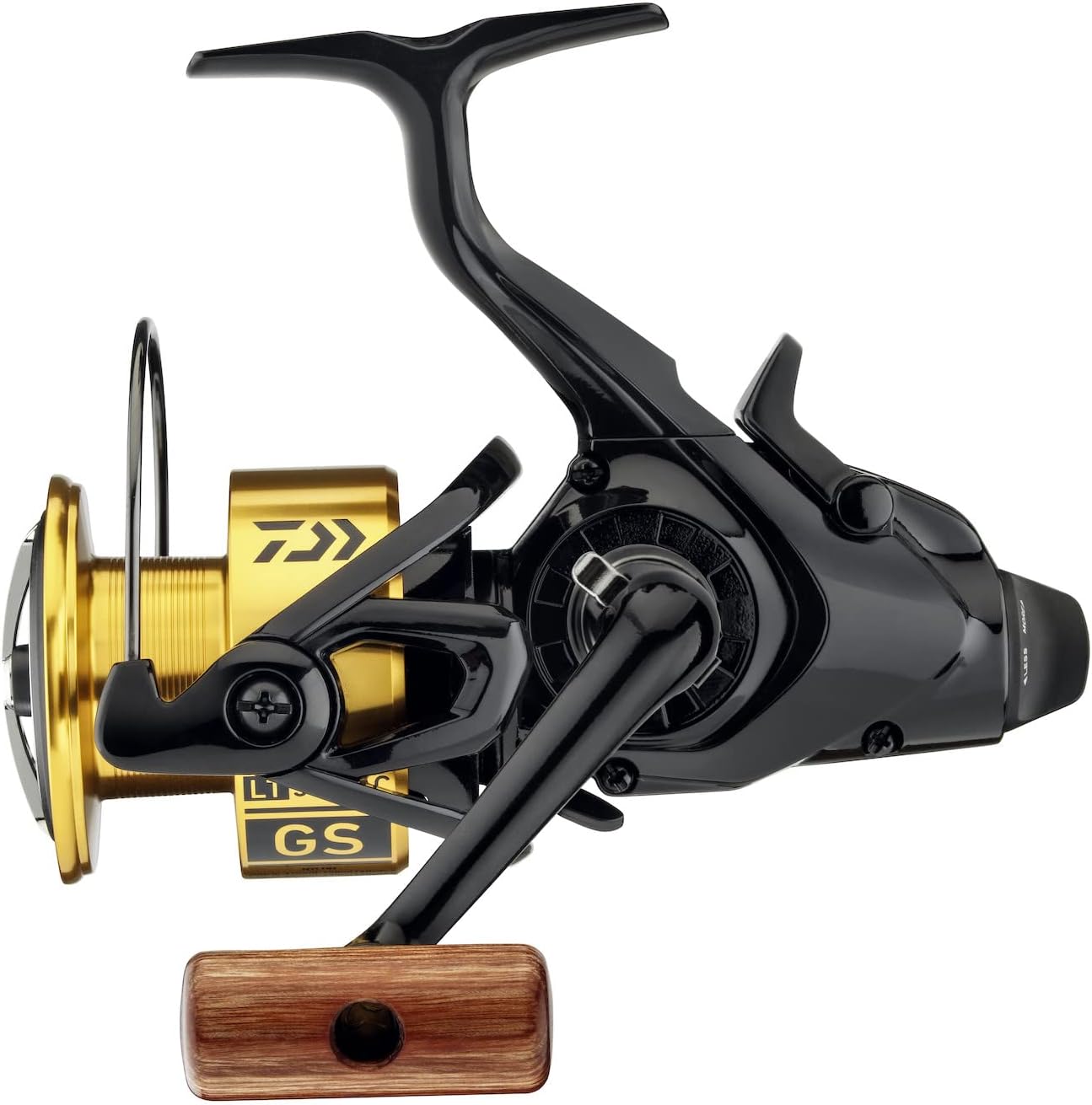 Side view of Daiwa 20 GS BR LT 5000-C reel with handle