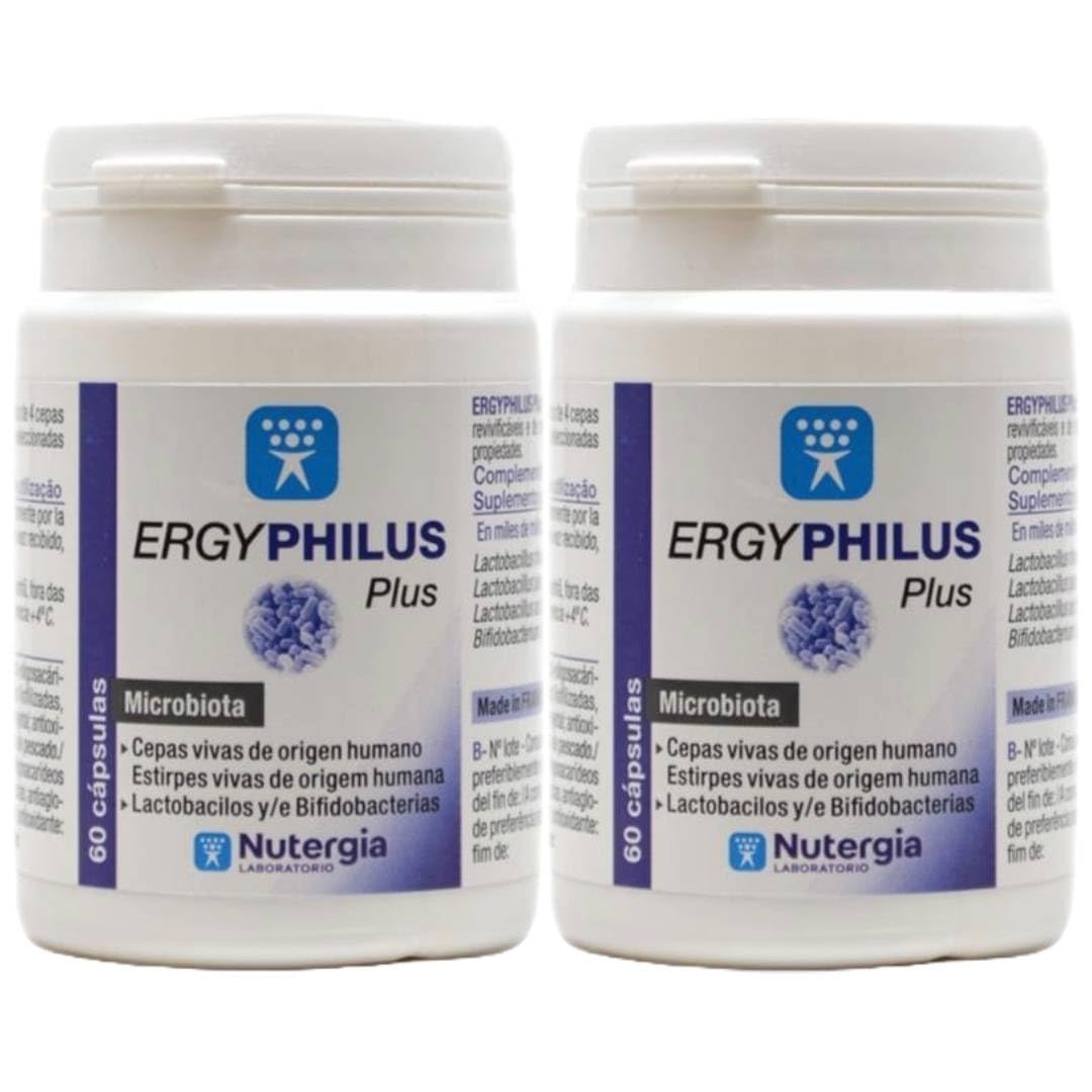 Nutergia Pack 2x ErgyPhilus Plus 60 Cápsulas | Probióticos con Lactobacillus y Bifidobacterium | Equilibrio de la Flora Intestinal | Sin Gluten ni Lactosa | 120 Cápsulas Totales